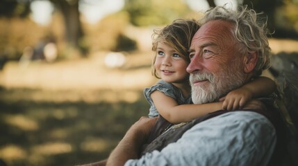 Fototapeta premium Grandfather hugging his young granddaughter in a sunny park. Happy family generations outdoors. Love and bonding concept