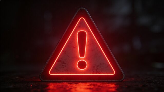 A neon warning sign with an exclamation mark glows brightly on a dark surface at night.