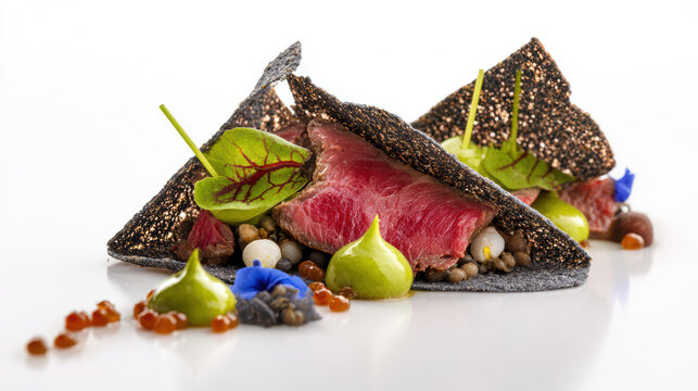 deconstructed wagyu beef taco with blue ingredients