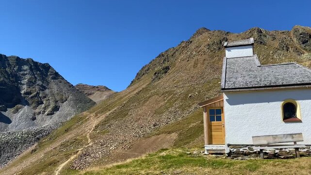 Small chapel ski resort off-season, Otztal, 
Soelden, Tyrol, Austria