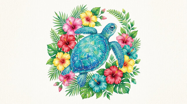 Watercolor Sea Turtle with Tropical Hibiscus Flowers Lush Botanical Wreath Marine Wildlife Illustration Vibrant Island Style
