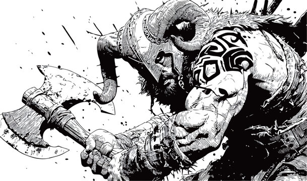Barbarian Berserker: Ram-Horned Warrior with Double-Bladed Axe Illustration