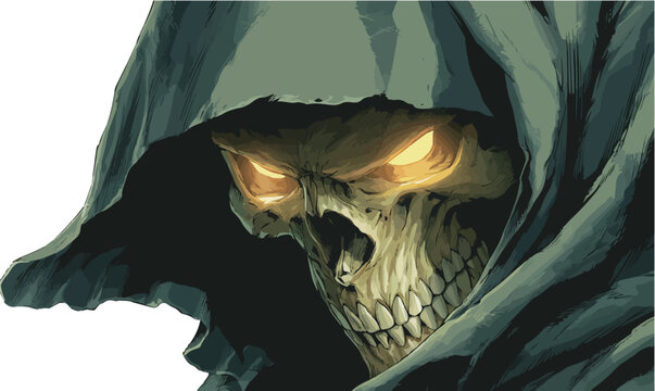 Hooded Reaper: Glowing Eyes Skeleton Art Illustration