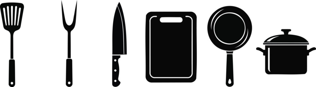 Kitchen utensils vector silhouette illustration set including knife pan pot and board gear.