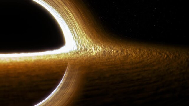 Supermassive black hole event horizon golden accretion disk gravitational lensing, warped spacetime, swirling plasma, deep space stars, cinematic cosmos, astrophysics concept, sci fi background