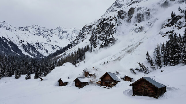Remote winter cabins nestled in a snowy mountain landscape