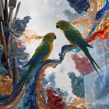&ldquo;Parakeet Whisper: Art in Motion &mdash; a vibrant, dreamlike scene where two vivid parakeets perch gracefully on a flowing ribbon of color in midair, their feathers glowing in shades of emerald green, sapp