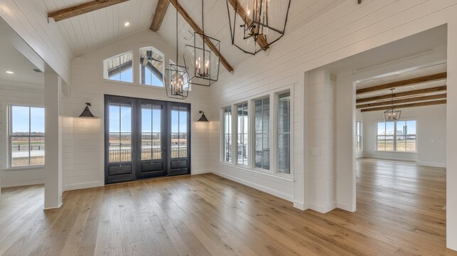 Modern farmhouse interior features high vaulted ceilings with exposed wood beams and expansive windows.