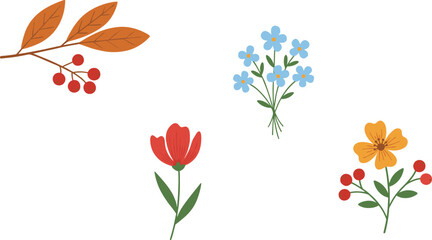 Set of four simple flat vector illustrations of various flowers and botanical elements including a berry sprig, a blue bouquet, and single blossoms isolated on a white background © MDABULKALAM