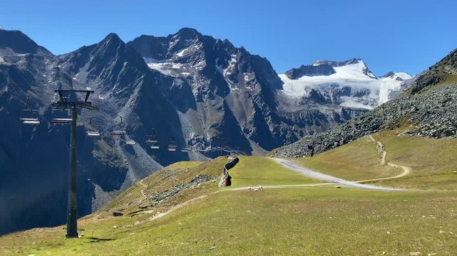 The Tiefenbach glacier located near S&ouml;lden in the &Ouml;tztal Alps of Tyrol, Austria. During the winter, the glacier is accessible by cable car and from spring time by car, using the Gletscherstrasse	

