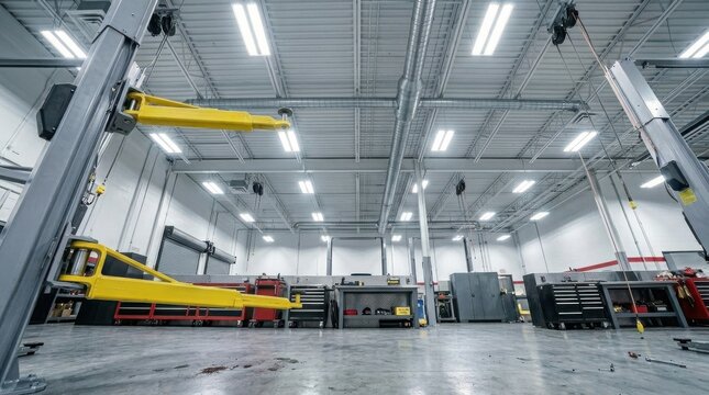 Professional automotive workshop interior with hydraulic two-post car lifts, organized tool chests, and bright LED lighting in a modern industrial garage facility.