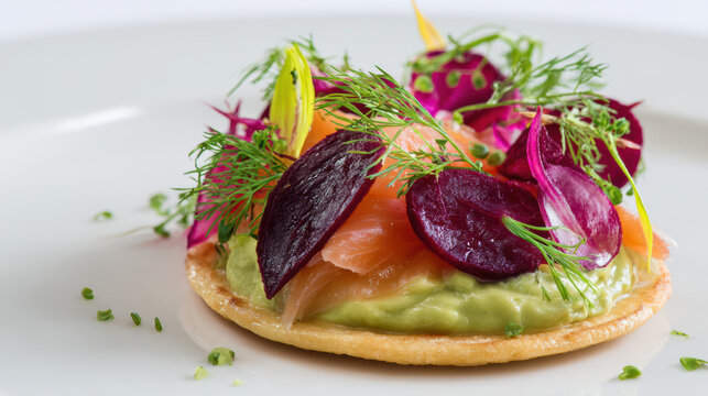 smoked trout tostada with avocado crema