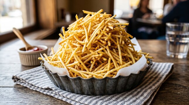 Pile of extra crispy golden potato sticks (batata palha) in a rustic metal tray - snack and side dish concept.