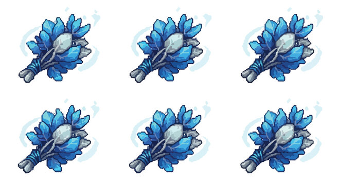 A pixel art collection of six blue magical herb bundles tied with string, featuring glowing leaves and mystical wisps on a white background.