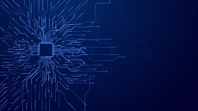 Blue circuit chip background glowing processor lines left, dark copy space on the right, futuristic electronic board style. for AI , hardware promos, software intros, tech slides, cyber overlays.