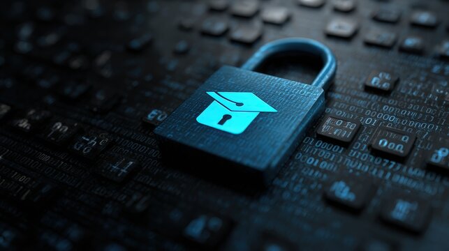 Glowing digital graduation cap symbol sits on top of a secure padlock against a background of binary code.