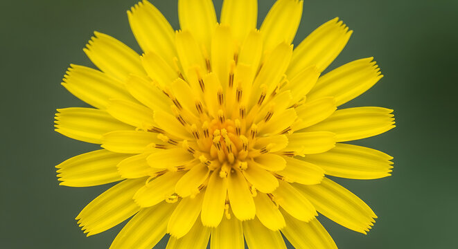 Stunning macro closeup of a bright yellow hawkweed flower with detailed layered petals and golden center against a blurred natural green backdrop for spring