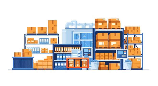 Warehouse with stacked boxes.