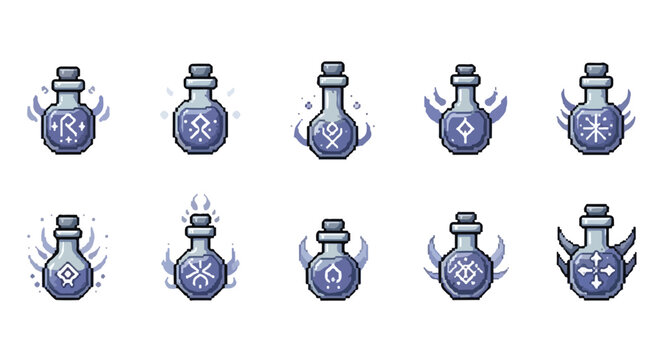 A set of ten pixel art potion bottles, each featuring unique runes and magical aura effects in a cool blue and purple color palette.