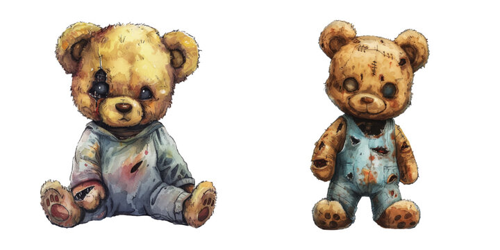 scary zombie teddy bear watercolor vector illustration