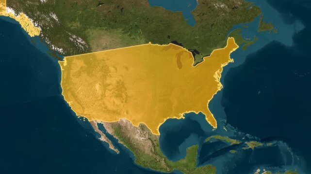 USA Country Map Warning Alert Animation Yellow Highlight on Earth Satellite View