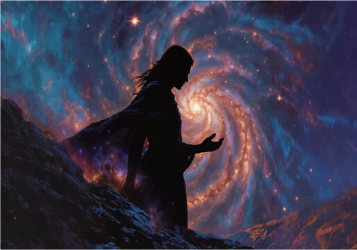 Celestial Wanderer: Starlit Galaxy and Silhouette of a Figure on Rocky Peaks