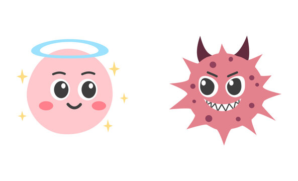 Cute good vs bad bacteria characters. Friendly microbe with halo versus evil germ with horns. Microbiology, health, infection and immunity concept. Flat cartoon vector illustration