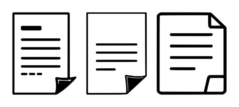 Contract document icon set with solid black shape on white background featuring document, contract symbol, simple line, with typography and illustration