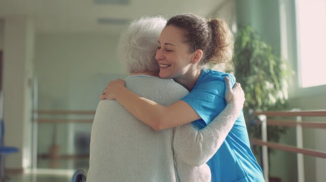 Nurse and elderly woman share a warm hug in a care facility during the day