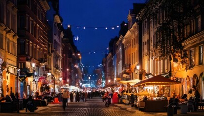 Obraz premium Vibrant European Street Scene at Dusk with Illuminated Buildings and Pedestrians.