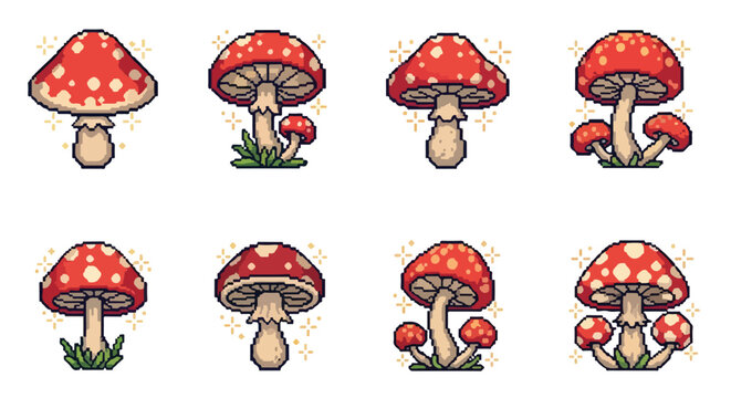 This vector illustration features a collection of eight charming red pixel art mushrooms with white spots and whimsical golden sparkles.