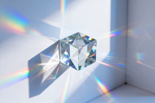 Crystal prism refracting light into rainbow
