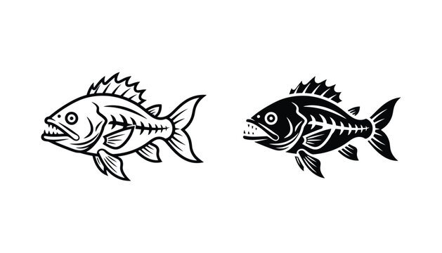 Predatory fish skeleton icon set with sharp teeth in outline and solid vector style for fishing and marine biology designs