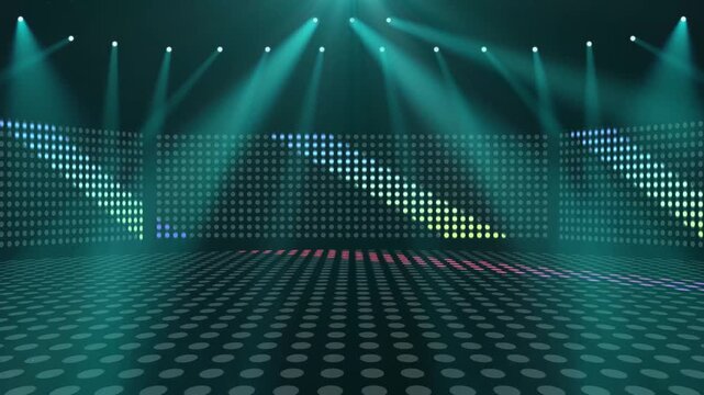 水色のスポットライトとLEDドットマトリクスがきらめく3Dライブステージ背景動画