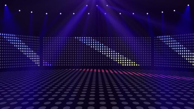 青いスポットライトとLEDドットマトリクスがきらめく3Dライブステージ背景動画