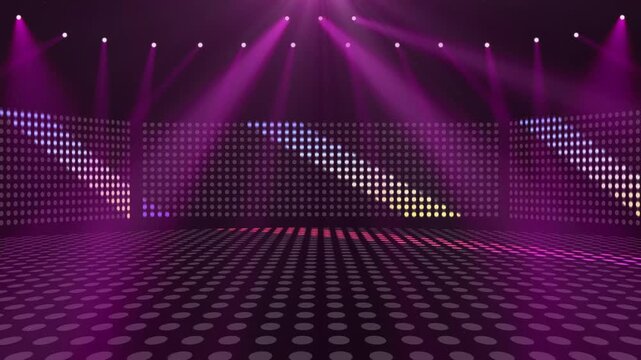 ピンクのスポットライトとLEDドットマトリクスがきらめく3Dライブステージ背景動画