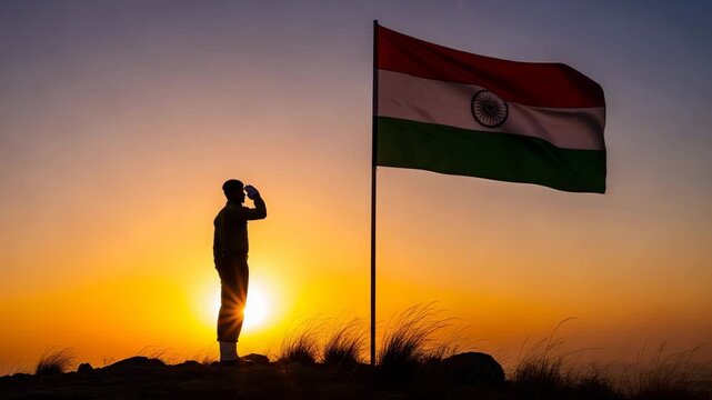 Silhouette of Soldier Saluting Indian Flag at Sunset