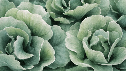 Fototapeta premium Watercolor illustration of lettuce leaves in full frame composition, dense overlapping leaves with light green tones and soft ruffled texture, ideal for fresh food background.