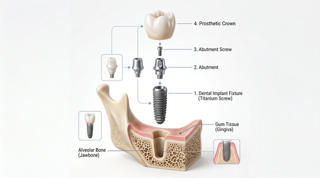 The details show the structure of a dental implant and include accompanying text.