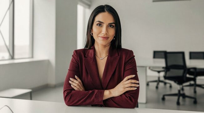 Woman office employee sitting at desk. Professional business woman wearing elegant dark red shirt. Confident corporate manager working in modern office interior. Leadership role concept.