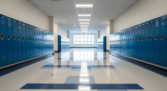 Rows of blue metal lockers line the long walls of a wide school corridor showing a bright window at the far end of the hallway under the ceiling lights.