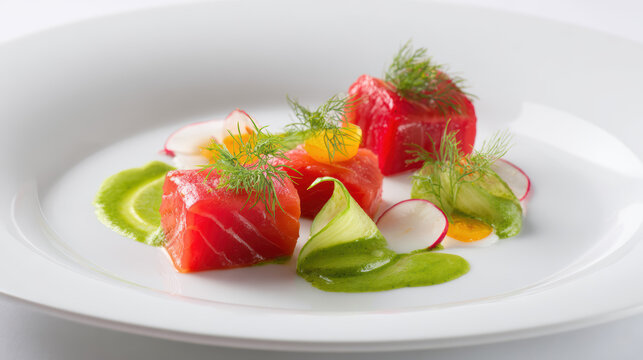 beet-cured salmon with dill and cilantro emulsion