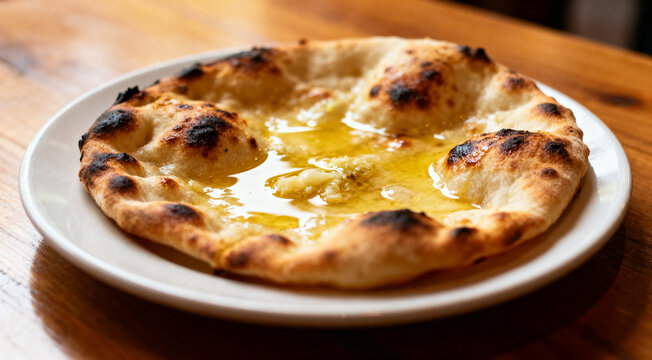 Soft Indian garlic naan on a white plate placed on a natural wooden surface