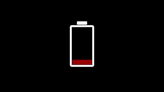 Battery icon animation with low power alert. Battery icon digital status indicator. Battery icon technology interface graphic on black background.
