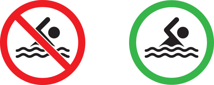 Swimming allowed and no swimming signs vector set with swimmer icons for safety and guidance use.