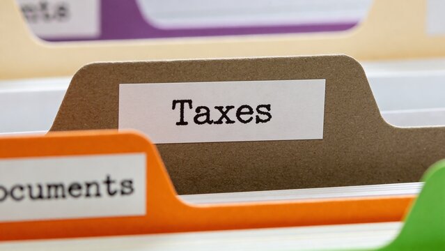 Close-up view of organized office documents in labeled file folders