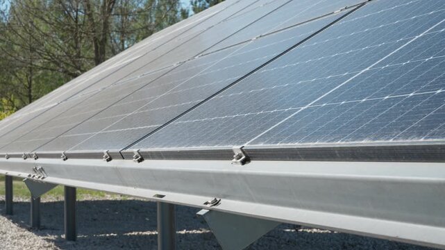 Elevated bifacial photovoltaic solar panels mounted on metal racking above white gravel. Ground mount system designed for light reflection and high energy yield at power plant facility.