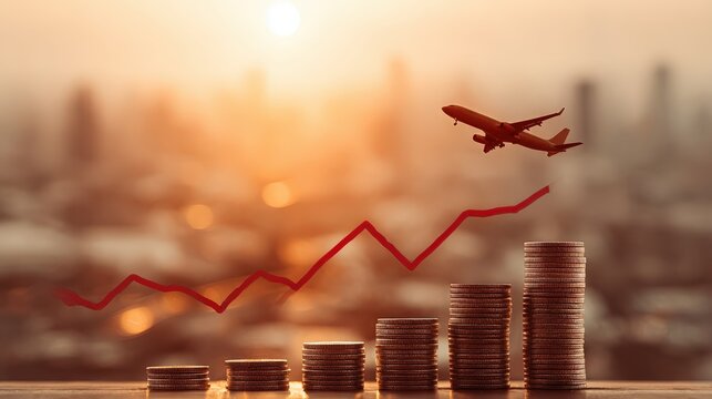 Commercial airplane flying above growing stacks of coins representing economic success and global travel industry recovery.