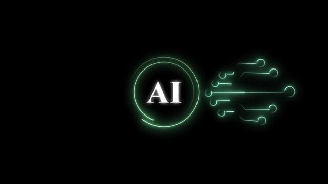 Artificial intelligence animation with neon green logo. Artificial intelligence digital hand and technology. Artificial intelligence ai tech graphic on black.