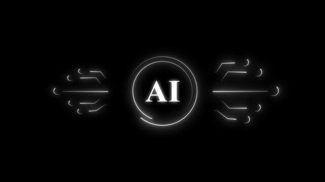 Artificial intelligence animation with white neon logo. Artificial intelligence digital technology. Artificial intelligence ai tech graphic on black background.